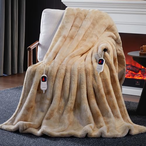 Guohaoi Beige 90''×100'' Faux Rabbit Fur Heated Throw Blanket with 10 Heat Settings