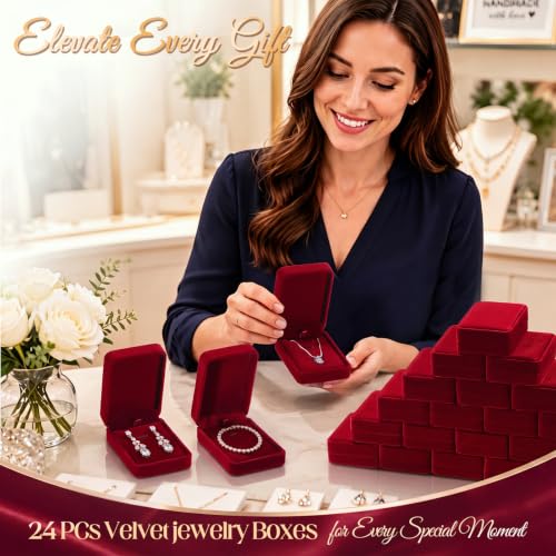 Inbagi 24 Pcs Velvet Jewelry Gift Boxes for Necklaces & Earrings - Red