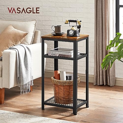VASAGLE 3-Tier Side Table with Mesh Shelves and Rustic Finish