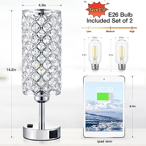 Silver Crystal Lamps Set of 2 - 3-Way Dimmable Touch Nightstand Lamps - Upgrade USB Charging