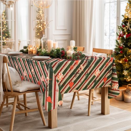 DWCN Christmas Striped Rectangular Tablecloth 70 x 108 Inch, Green Farmhouse Holiday Decor