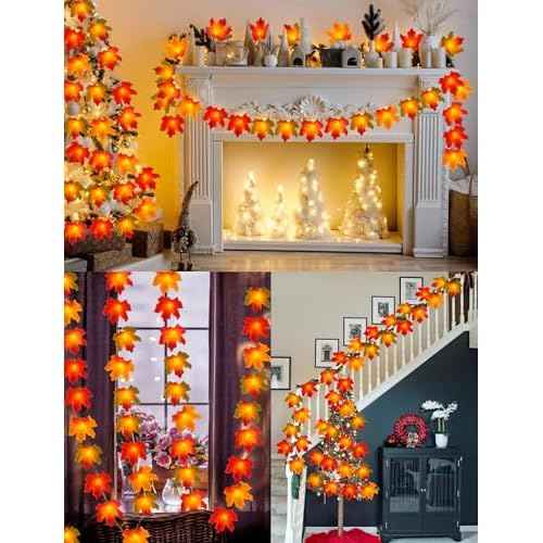 Fall Thanksgiving Decorations for Home 2Pack Total 20ft 40LED Enlarged Maples Leaf String Lights Battery Operated Maple Leaves Garland with Lights for Indoor Outdoor Autumn Halloween Christmas Decor