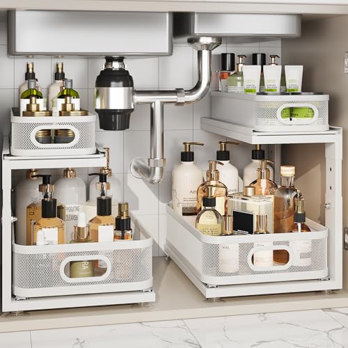 Corbyles White 2-Pack Under Sink Organizer with Adjustable Height, Mesh Drawers & Ball-Bearing Slides - 15.5"D x 12.4"-16.5"H