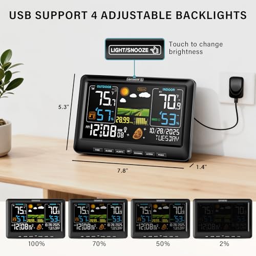 Wireless Indoor Outdoor Thermometer Weather Station with Atomic Clock - Black