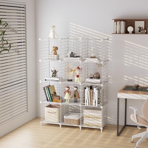 ATTDETJL White 12-Cube Metal Wire Storage Organizer Shelf for Closet & Office