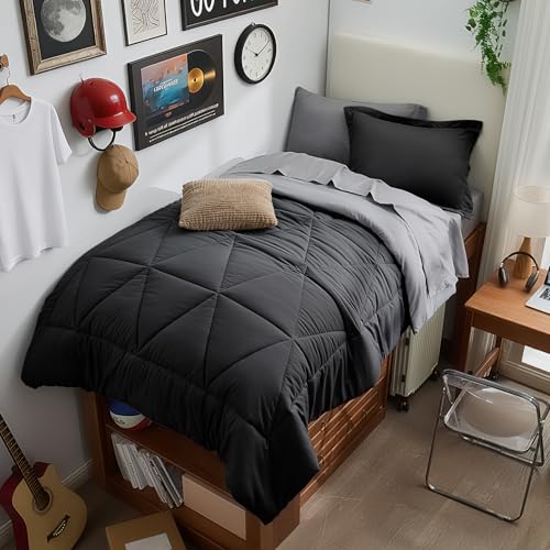 BEDELITE Reversible Black/Dark Grey Twin XL Comforter Set 5 Pieces Bed in a Bag