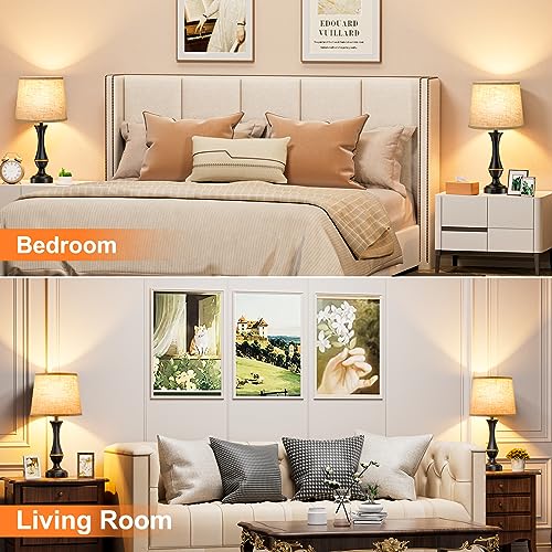 Touch Nightstand Lamps Set of 2 - 3 Way Dimmable with USB-C & A, Beige Shade & Black Base, 22 Inch