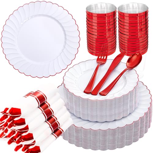 YOUBET 350PCS White and Red Scalloped Plastic Plates for Weddings (Red Variant)
