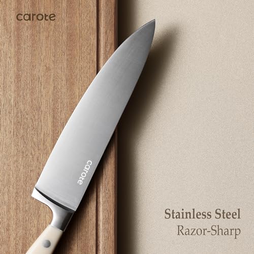 Kitchen Knife Set with Wood Block - 14 Pieces, Rust-Resistant, Cream