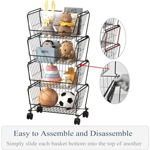 Matte Black 6-Tier Tall Stackable Wire Storage Baskets with Wheels - Vertical Utility Cart