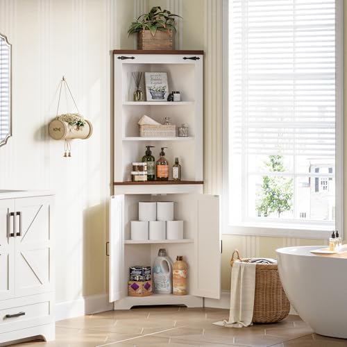 White & Brown Corner Storage Cabinet with Doors and Shelves - Tall 68''