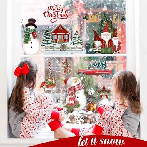 6 Sheets Christmas Window Clings Merry Christmas Santa Reindeer Snowman Window Stickers Decals for Glass Xmas Holiday Home Office Decor
