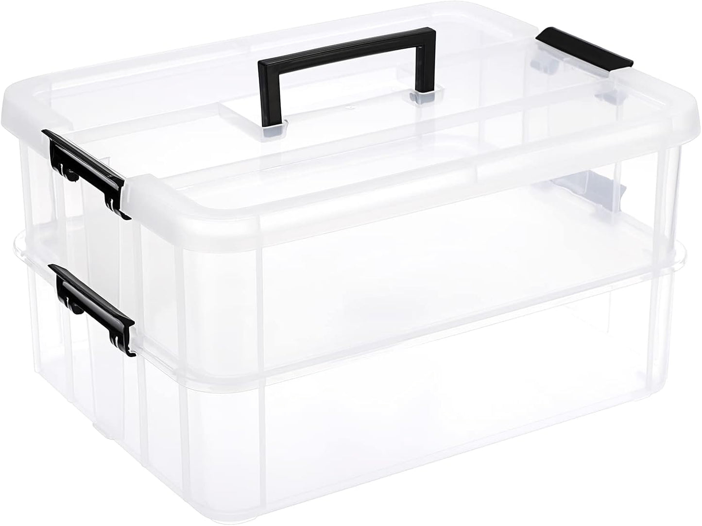 JUXYES Stackable Storage Box - 2-Tier Transparent Container with Handle for Office & School Supplies