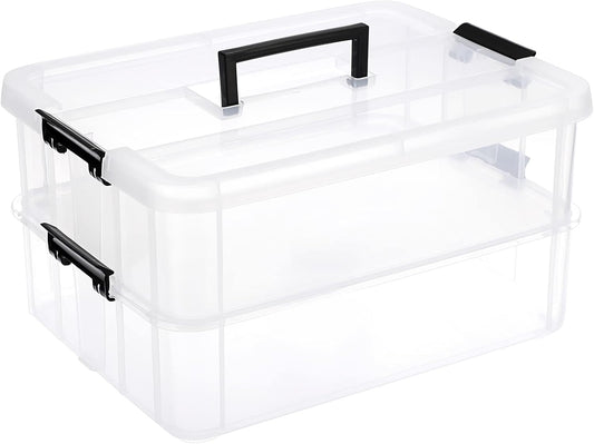 JUXYES Stackable Storage Box - 2-Tier Transparent Container with Handle for Office & School Supplies