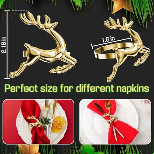 ZeeDix Gold Reindeer Christmas Napkin Rings Set of 6, Napkin Holder Ring for Christmas Dinner Table Decor Cloth Napkins, Wedding Receptions, Holiday Party, Banquet and Home Kitchen