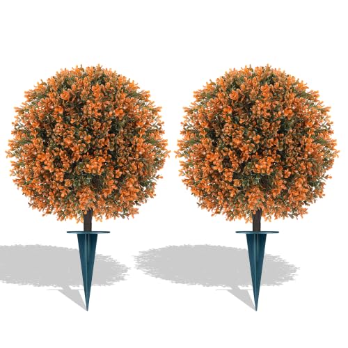 Fall Boxwood Topiary Trees - Artificial Shrubs with Ground Spike, UV-Resistant Outdoor Decor, 2 Pack
