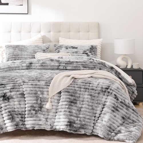 King Size Fluffy Comforter Set - Tie-Dye Grey Fleece Bedding 3 Pieces