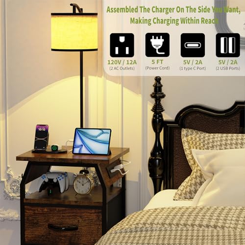 Runjuly Rustic Brown Floor Lamp with Table and Charging Station - 2 Drawers