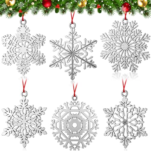 Threehoney 6 Pcs Metal Snowflake Ornaments for Christmas Tree Decor - Pewter Holiday Decorations