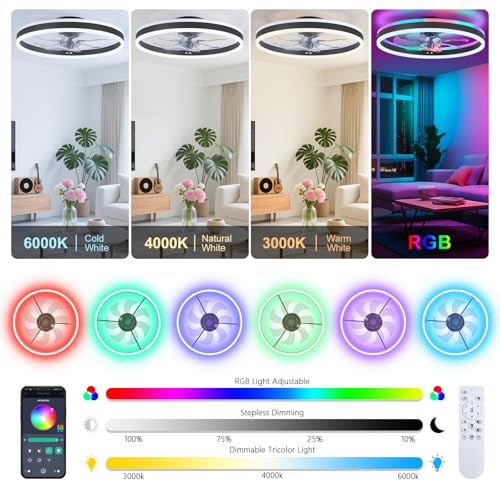 RGB Ceiling Fan with Light - Black Low Profile Flush Mount, Remote & App Control