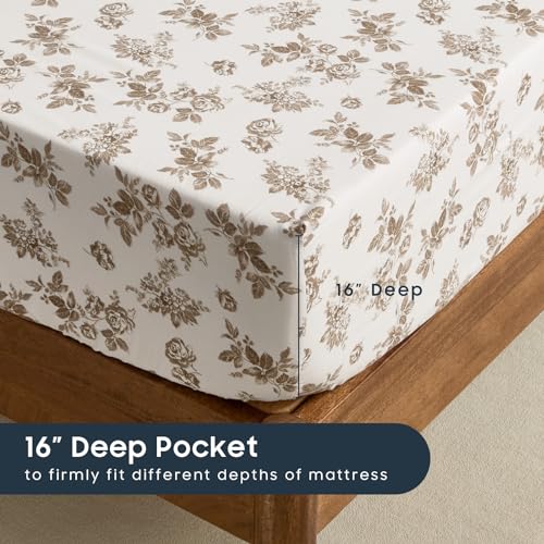 King Floral Bed Sheets Set - Brown Taupe Botanical Bedding with Deep Pocket - Wake In Cloud