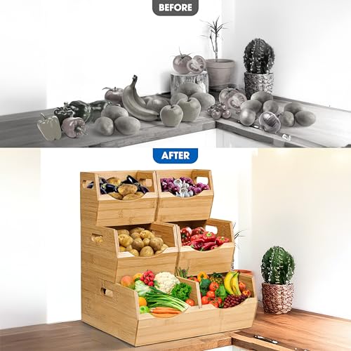 3-Tier Stackable Bamboo Pantry Storage Bins for Fruits Vegetables & More