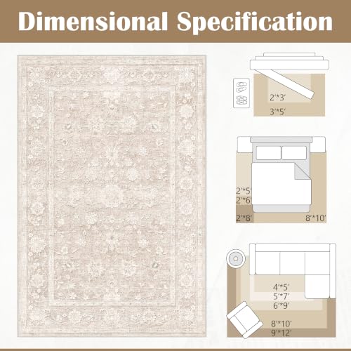 Beige 6' x 9' Floral Area Rug - Neutral Vintage Living Room Carpet