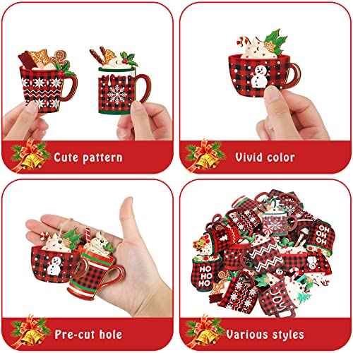 BBTO 36 Pieces Christmas Ornaments Hot Cocoa Wood Buffalo Plaid Coffee Mug with Rope Red Black Hanging Decoration Bar Xmas for Tree Home