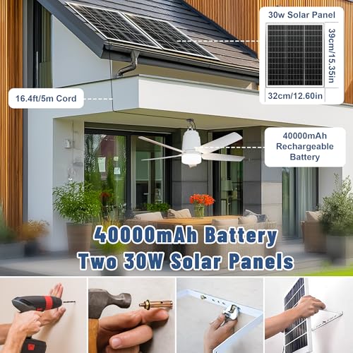 Solar Outdoor Ceiling Fan Light - 31.5 Inch Portable Gazebo Fan with Remote & Hook