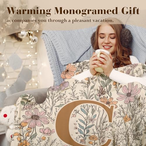 JXREQ Boho Floral Initial C Throw Blanket - 50x60 in Personalized Gift for Women