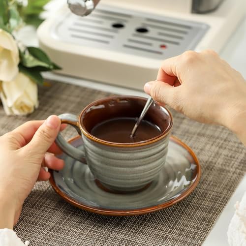 Brown 8oz Ceramic Espresso Cups with Saucers - Set of 4 for Coffee & Tea