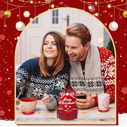 12 Pack Red Christmas Snowflake Felt Coasters - Absorbent Non-Slip 3.9in for Winter Holiday Decor