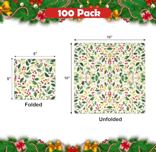 Christmas Holly Berry Cocktail Napkins - 50 Pack for Holiday Parties
