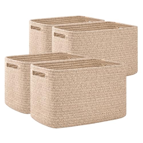 OIAHOMY 4 Pack Brown Cotton Rope Storage Baskets - 12.7x9x7.8 Inch Cube Organizers