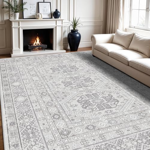 10x12 Grey Washable Area Rug with Non-Slip Backing - Vintage Style Living Room Carpet