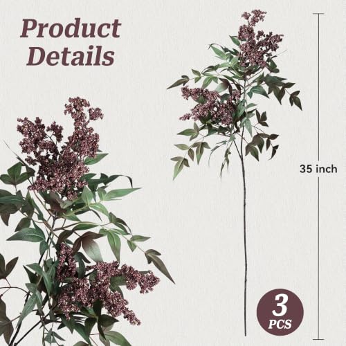 35-Inch Faux Berry Stems for Vase - Dusty Plum Artificial Flowers, 3 Pack