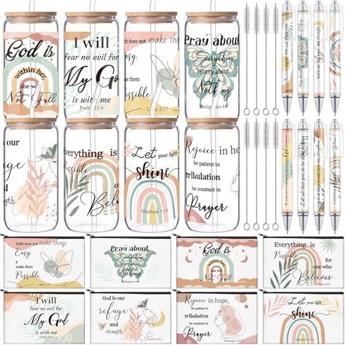Mimorou Christian Gift Set with Bible Verse Tumblers, Makeup Bag & Pen - Religious Accessories