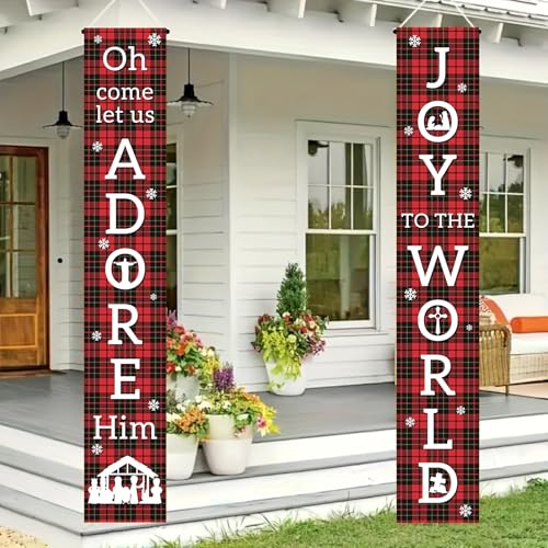 BlissYard Joy To The World Holiday Door Banner - Red & Black Plaid, Snowflake Pattern, Vertical 71x12 Inch - Variation Joy 1