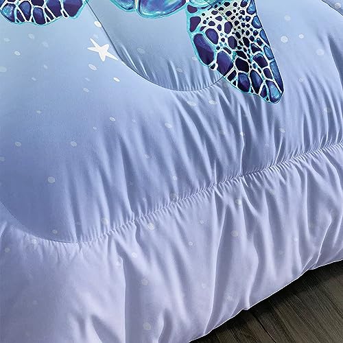 DYcolor 3D Aqua Blue Reptile Turtle Ocean Life Bedding Quilt, 3-Piece Under Sea Animal Starfish Turtle Comforter Set with 1 Comforter and 2 Pillow Cases for Kids, Teens, Adult (04, Queen)