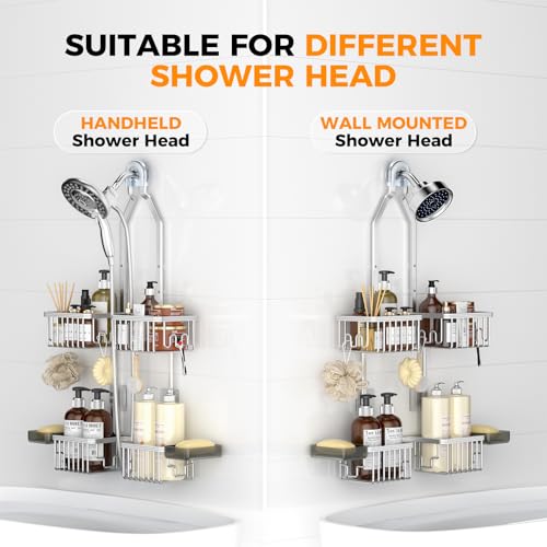 Adjustable Aluminum Shower Caddy Hanging for Handheld Showerhead - Silver, 22.4-26.4 inches