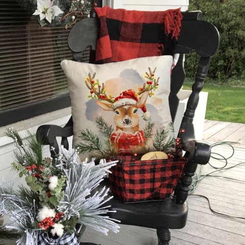 White 20x20 Inch Christmas Reindeer Pillow Cover - Farmhouse Holiday Decor