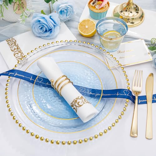 DaYammi 350pcs Clear Blue Plastic Dinnerware Set for 50 Guests - Includes Plates, Utensils, Cups & Napkins