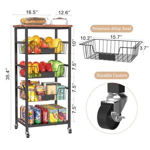 5-Tier Kitchen Storage Cart with Baskets and Wood Top - Rolling Utility Organizer