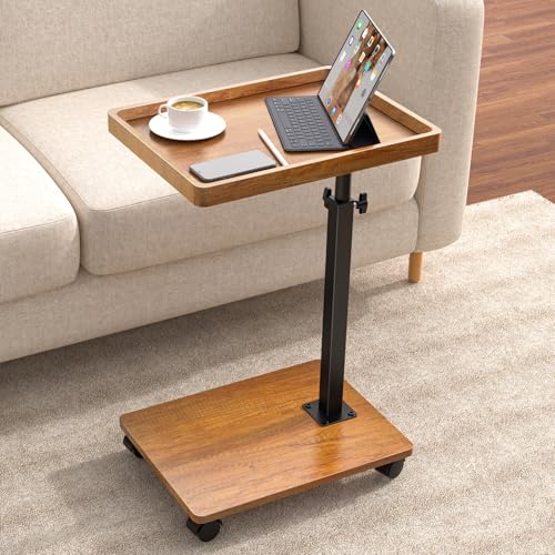 Adjustable Height Swivel C-Shaped Side Table with Wheels for Couch Bed or Living Room