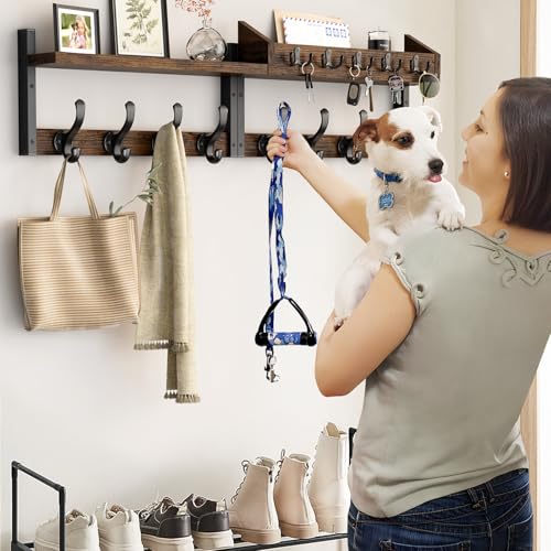Rustic Brown 35-Inch Wall Mount Coat Rack with Shelf - Entryway Organizer