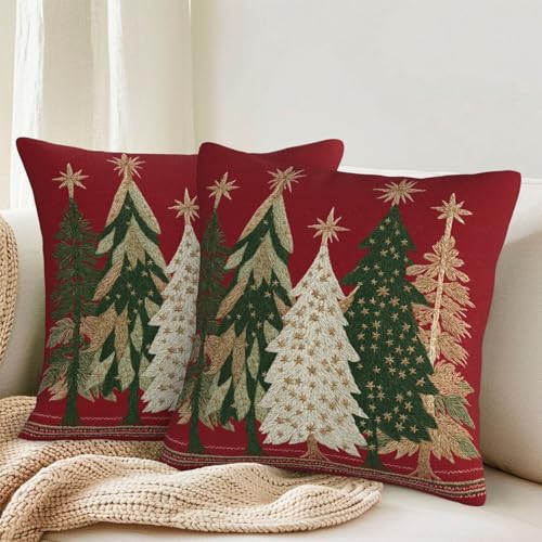 KiuLoam Red Christmas Pillow Covers 20x20 Set of 2 Gold Green Tree