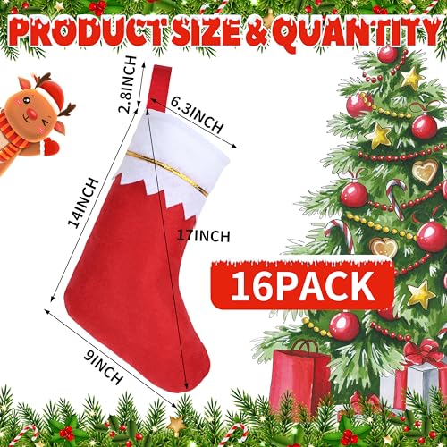 Amazing Time 16Pcs Red Christmas Stockings with White Cuff & Gold Trim - Holiday Decor