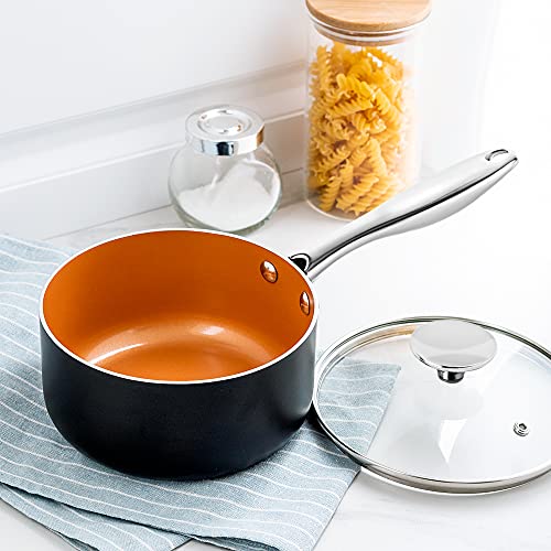 Nonstick Saucepan Set of 3 1-2-3 Qt Ceramic Copper Cookware with Lids - Michelangelo