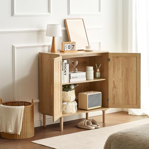 Medium Natural VEVOR Rattan Sideboard Cabinet with Adjustable Shelves & Magnetic Doors