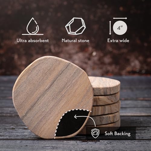 Set of 6 Absorbent Sandstone Drink Coasters - Rustic Organic Design
